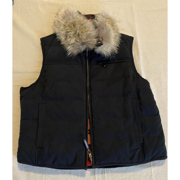 Woolrich Reversible Vest Black-RedPlaid Womens Large Coyote Fur Collar Down Vest - Picture 3 of 16